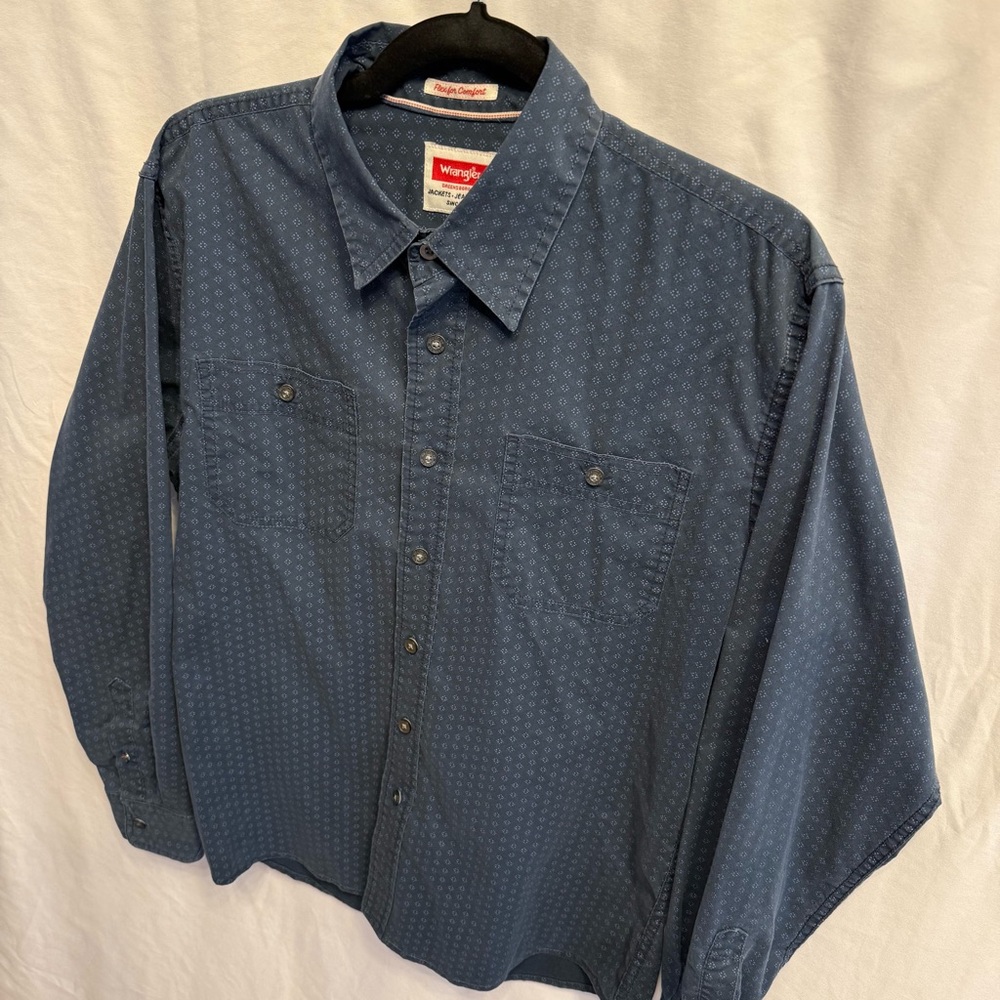 Wrangler Flex for Comfort Cotton M Long Sleeve Button Front Shirt Microprint - Picture 2 of 13